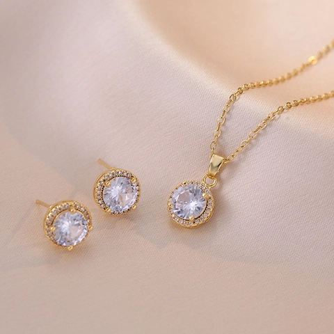 Juego de Joyas de Acero Inoxidable con Circonita de Flor para Mujer Elegante Collar con Colgante Redondo Halo y Pendientes