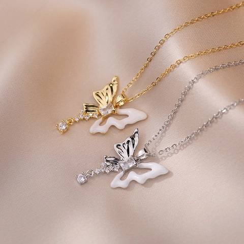 Stainless Steel Butterfly Tassel Pendant Necklace For Women Enamel Zircon Inlay Gold Silver Fashion Commuter Jewelry Gift