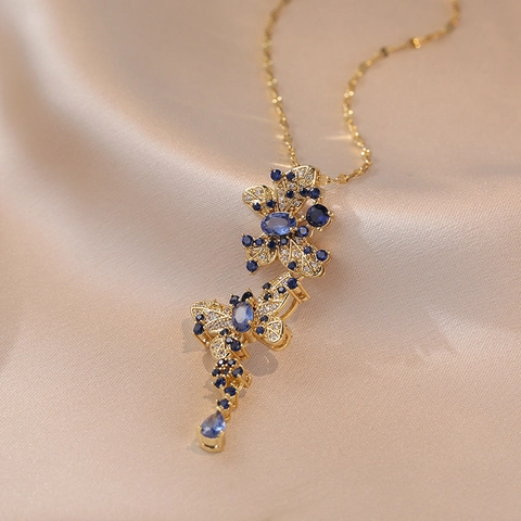 Schmetterling Quaste Anhänger Halskette Titanstahl Blau Zirkon Mikro Eingelegt Wassertropfen Edelstein Luxus Mode Damen Schmuck