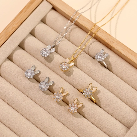 Edelstahl Rotierender Hase Zirkonia Anhänger Halskette Ohrringe Und Offener Ring Gold Stahlfarbe Modeschmuck Für Damen Geschenk
