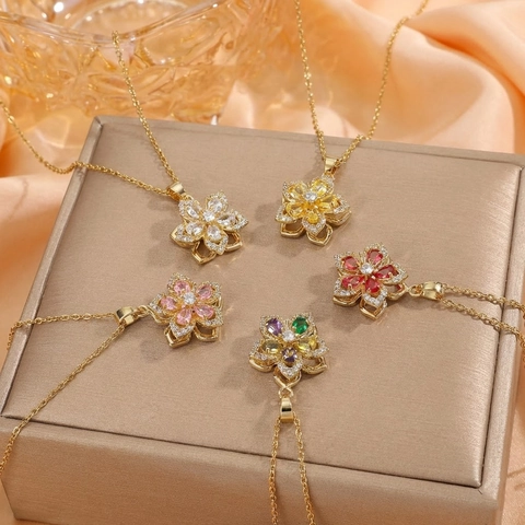 Rotierende Bauhinia Blume Zirkon Anhänger Halskette Titanstahl Kette Mode Schmuck Geschenk Für Damen