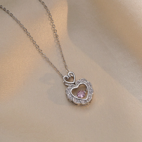 Heart Pendant Necklace Stainless Steel Dancing Pink Zirconia Luxury Elegant Jewelry For Women
