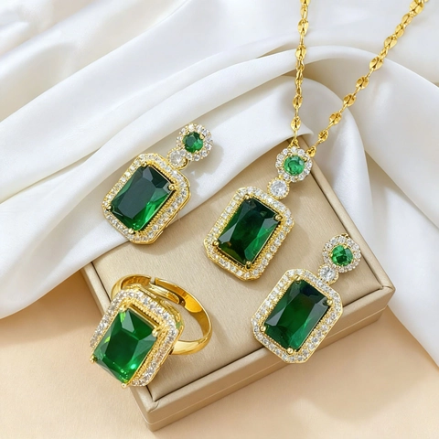 Luxus Rechteckig Smaragd Schliff Grün Zirkonia Anhänger Halskette Ohrringe Ring Gold Überzogen Titanstahl Schmuck Für Damen