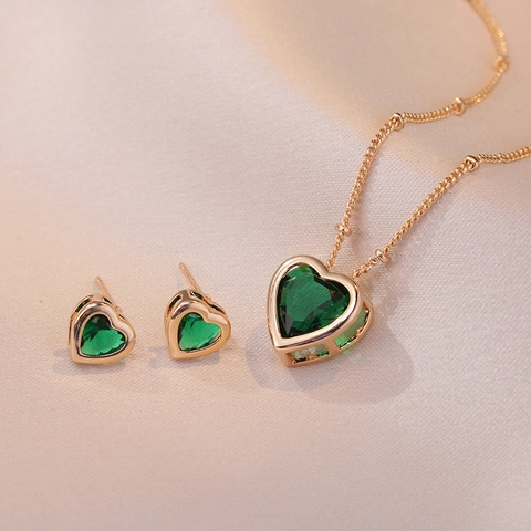 Heart Shaped Pendant Necklace Earrings Stainless Steel Emerald Green Zircon Chain Elegant Fashion Jewelry For Women