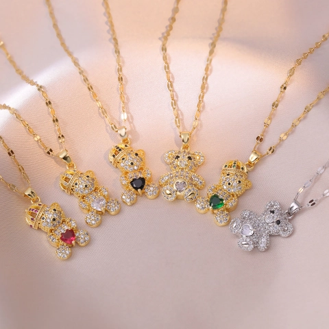 Stainless Steel Cute Teddy Bear Pendant Necklace With Heart Cubic Zirconia Crown Luxury Fashion Jewelry For Women Gift