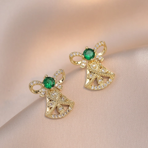 Orecchini A Lobo Campana Di Natale Fiocco Rame Placcato Oro Smeraldo Zircone Micro Pavé Gioielli Eleganti Regalo Donna
