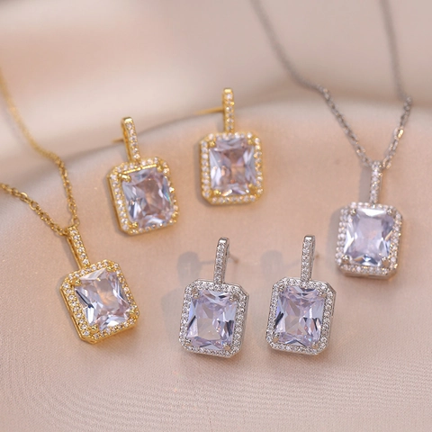 Titanium Steel Rectangle Zirconia Halo Pendant Necklace Earrings Set For Women Luxury Geometric Zirconia Jewelry Set Gold Silver