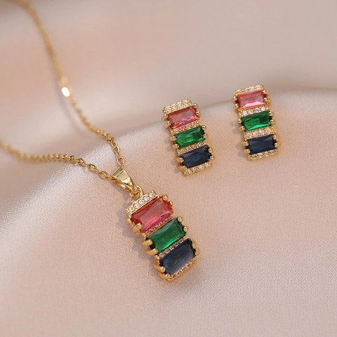 Luxury Gold Stainless Steel Rainbow Zirconia Necklace And Earrings Jewelry Set Vintage Geometric Colorful Pendant For Women Fashion Jewelry