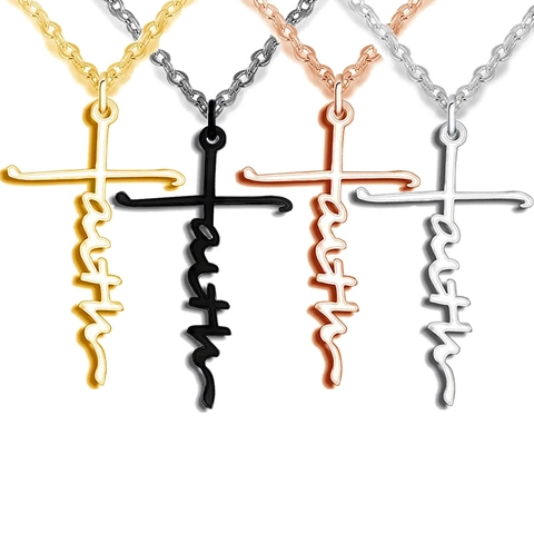 Collar con Colgante de Cruz con Letra Faith de Acero Inoxidable para Mujer Hombre Unisex Hip Hop Religioso Joyería Faith Pulida