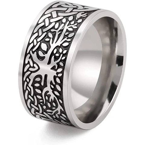 Vintage Stainless Steel Tree Of Life Ring For Men Women Celtic Knot Wide Band Antique Silver Punk Ethnic Jewelry