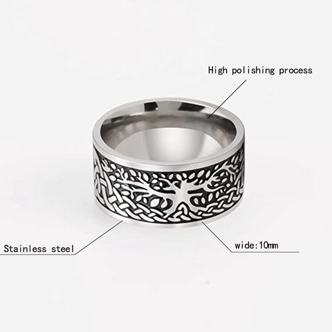 Vintage Stainless Steel Tree Of Life Ring For Men Women Celtic Knot Wide Band Antique Silver Punk Ethnic Jewelry