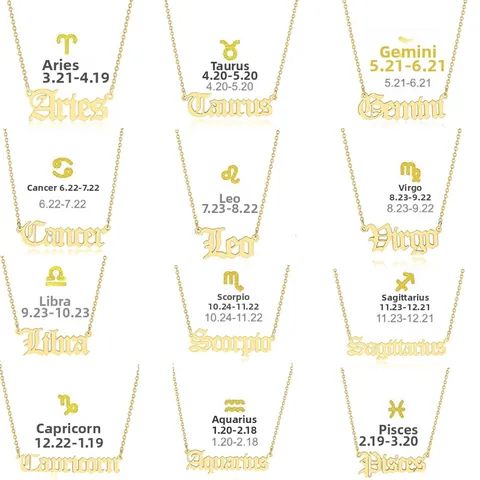 18K Gold Plated Stainless Steel Zodiac Necklace Gothic Old English Letter Pendant Constellation Necklace Unisex Jewelry Gift