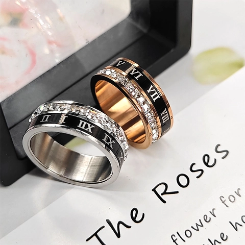 Anillo Giratorio de Números Romanos de Acero Inoxidable para Hombre Mujer Fila Única Zirconia Esmalte Joyería Regalo