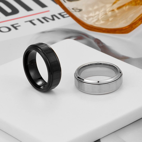 Anello Spinner da Uomo in Acciaio Inossidabile al Titanio Sollievo dallo Stress Banda Scanalata Nero Opaco Argento Gioielli