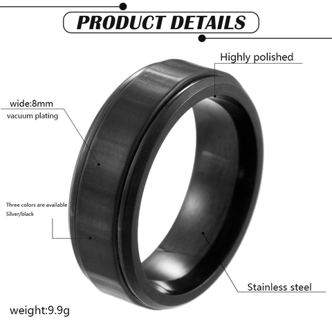 Anello Spinner da Uomo in Acciaio Inossidabile al Titanio Sollievo dallo Stress Banda Scanalata Nero Opaco Argento Gioielli