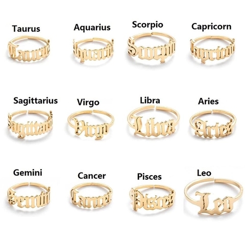 Gothic Old English Zodiac Signs Open Ring Stainless Steel Gold Silver Adjustable Twelve Constellations Minimalist Finger Ring