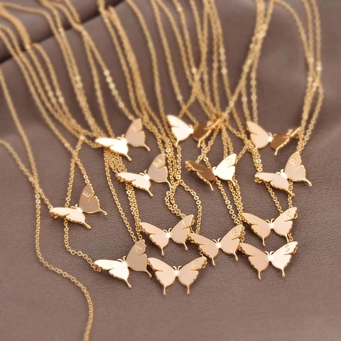 Minimalistische 304 Edelstahl Schmetterling Buchstaben Kette 18K Vergoldet Alphabet Anhänger Halskette Für Damen Mode Täglicher Schmuck Geschenk