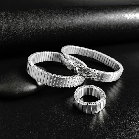 Stainless Steel Watch Band Style Elastic Stretch Bracelet And Ring For Women Men Minimalist Industrial Fashion Jewelry Gift