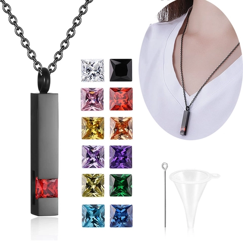 Minimalist Titanium Steel Cremation Urn Necklace For Ashes Bar Pendant With Square Birthstone Memorial Jewelry For Human Pet Hair Container