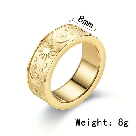 Anillo de Banda Ancha de Acero Inoxidable Vintage Sol Luna Estrellas para Hombre Mujer Joyería Celestial Bohemia