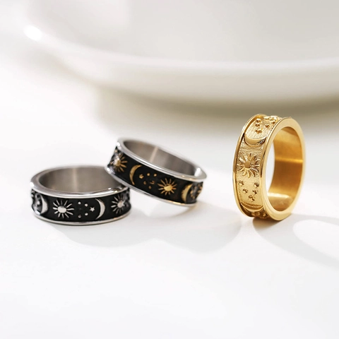 Anillo de Banda Ancha de Acero Inoxidable Vintage Sol Luna Estrellas para Hombre Mujer Joyería Celestial Bohemia