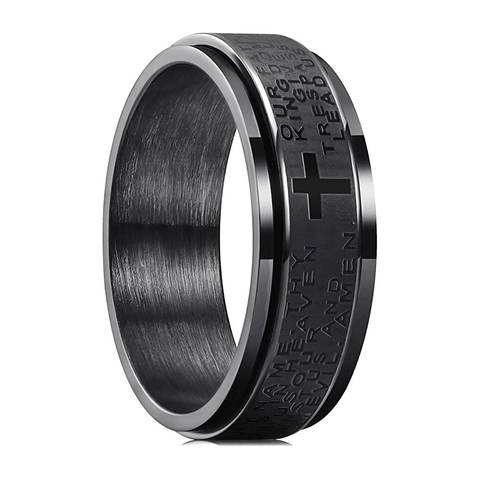 Bague Rotative Notre Père en Acier au Titane Croix Inscription Religieuse Verset Biblique Bijoux de Décompression Homme Femme