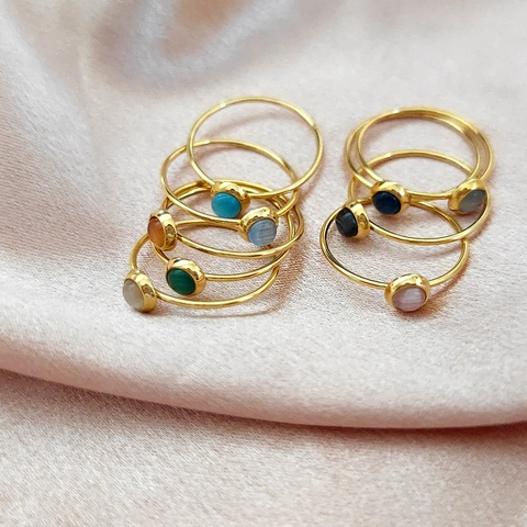 18K Vergoldeter Edelstahl Ring Für Damen Minimalistisch Dünnes Band Naturstein Eingelegter Edelstein Rund Stapelbar Gelenkring Modeschmuck