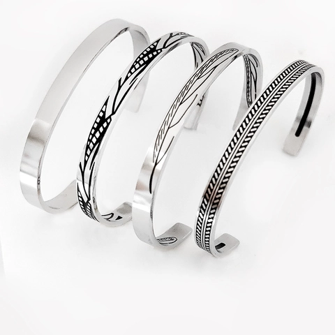 Vintage Titanium Steel Open Cuff Bracelet For Men Women Ethnic Leaf Feather Engraved Adjustable Silver Bangle Jewelry Gift