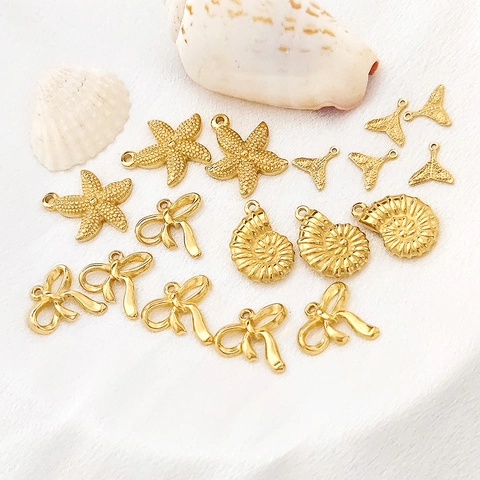 Ozean Thema Edelstahl Anhänger Halskette Gold Meeresmuschel Seestern Fischschwanz Schleife DIY Schmuck Geschenk Damen