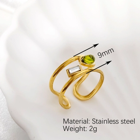 Anillo Abierto de Acero Inoxidable Chapado en Oro de 18 Quilates Vintage Francés para Mujer Ajustable Zirconia Verde Oliva Joyería