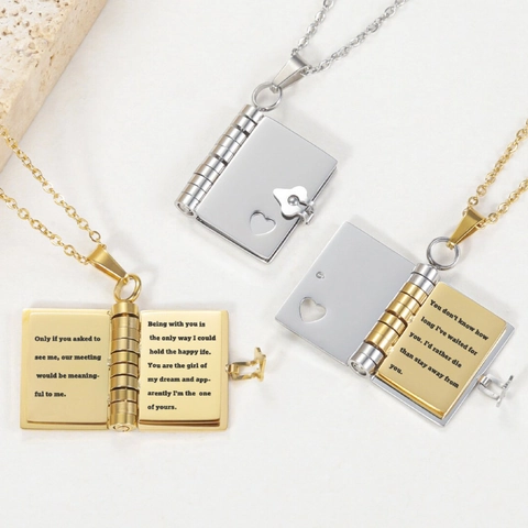 Book Shaped Photo Album Locket Necklace Stainless Steel Heart Openable Pendant Gold Steel Tone Engraved Jewelry For Women Men Gift