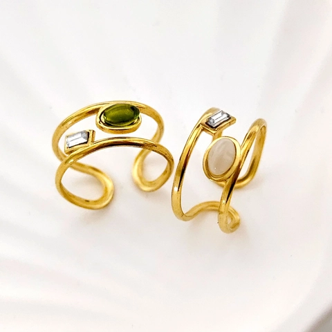 Anillo Abierto de Acero Inoxidable Chapado en Oro de 18 Quilates Vintage Francés para Mujer Ajustable Zirconia Verde Oliva Joyería