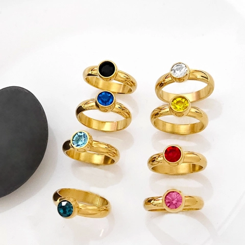 Anillo de Acero Inoxidable Chapado en Oro con Zirconia Redonda para Mujer Hombre Ocho Colores Piedra Intercambiable Joyería