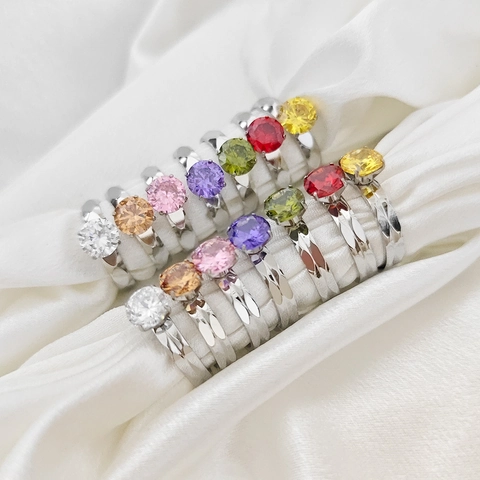 Anillo de Acero Inoxidable con Piedra de Nacimiento Zirconia Redonda de Colores Anillo Facetado Joyería Regalo de Cumpleaños
