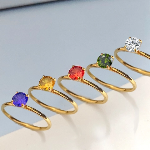 Women Stainless Steel Birthstone Ring Gold Plated Round Zirconia Classic Four Prong Setting Geometric Finger Ring Engagement Wedding Jewelry