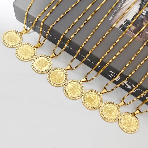 Stainless Steel Chinese Style Buddha Pendant Necklace Twelve Zodiac Protector Rhinestone Inlaid Religious Amulet Jewelry For Men Women