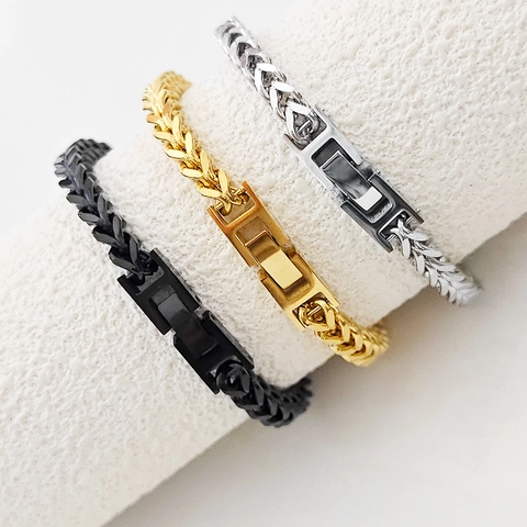 Hip Hop Titaniumstaal Franco Tarwe Ketting Armband Voor Heren Dames Unisex Vergulde Metalen Sieraden Met Vouwsluiting