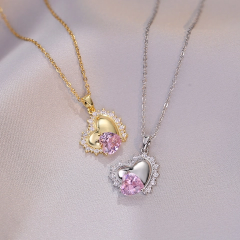 Heart Pendant Necklace Pink Zircon Stainless Steel Broken Heart Design Clavicle Chain Jewelry For Women Fashionable