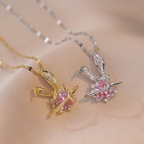 Fashion Titanium Steel Rabbit Pendant Necklace For Women Pink Heart Gemstone Zirconia Planet Ring Clavicle Chain Jewelry