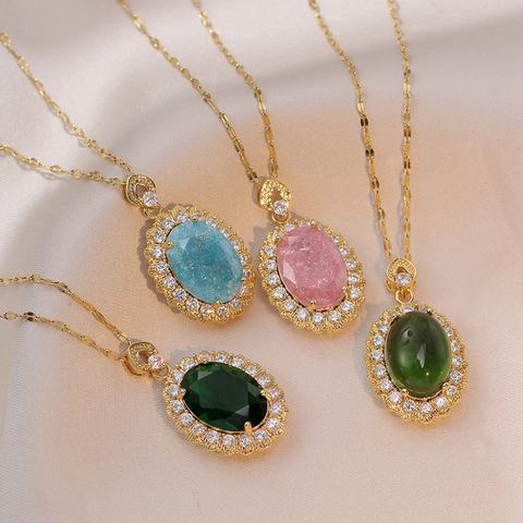 Luxury Oval Zirconia Pendant Necklace For Women Stainless Steel Chain Green Pink Blue Gemstone Elegant Jewelry Gift