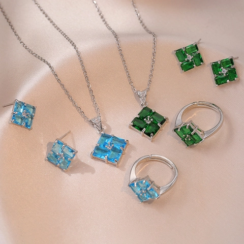 Titanstahl Zirkonia Schmuck Geometrisch Smaragd Blau Quadrat Anhänger Halskette Ohrringe Ring Set Für Damen Leichter Luxus Halsschmuck