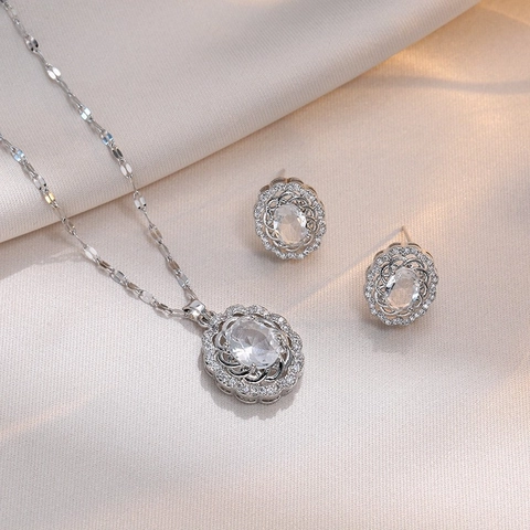 Oval Zircon Necklace And Earrings With 925 Sterling Silver Earring Post Retro Titanium Steel Elegant Rhinestone Jewelry