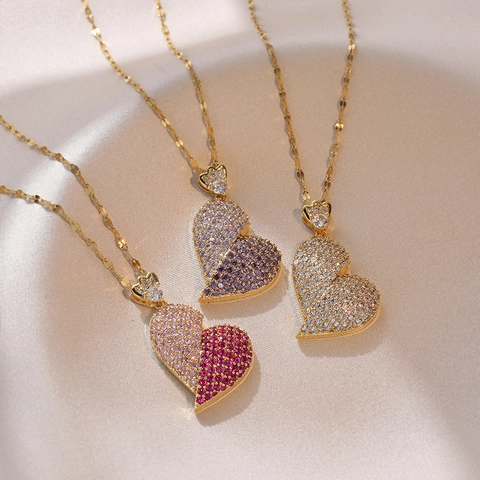 Heart Planet Pendant Necklace Stainless Steel Zirconia Inlaid Gold Silver Plated Clavicle Chain Jewelry For Women Gift
