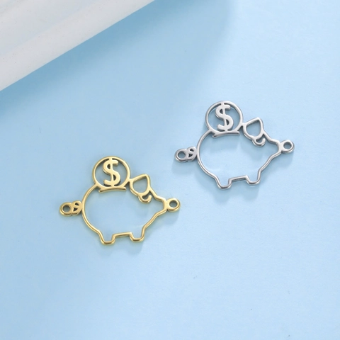 304 Stainless Steel Pig Piggy Bank Pendant Hollow Line Dollar Sign Connection Charm For DIY Jewelry Making Accessories