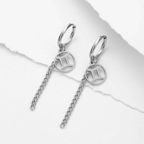 Boucles d'Oreilles Zodiaque en Acier Inoxydable Pendentif Rond Creux Chaîne Gland Fermoir d'Oreille Femme Bijoux