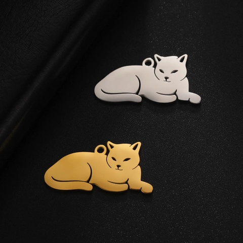 Pendentif Chat Allongé en Acier Inoxydable pour la Fabrication de Bijoux DIY Breloque de Chaton Poli pour Collier Porte-clés Or Couleur Acier