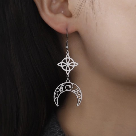 Keltische Hexenknoten Mond Stern Hängeohrringe Edelstahl Hohl Tropfenohrringe Für Damen Gold Silber Schmuck Geschenk