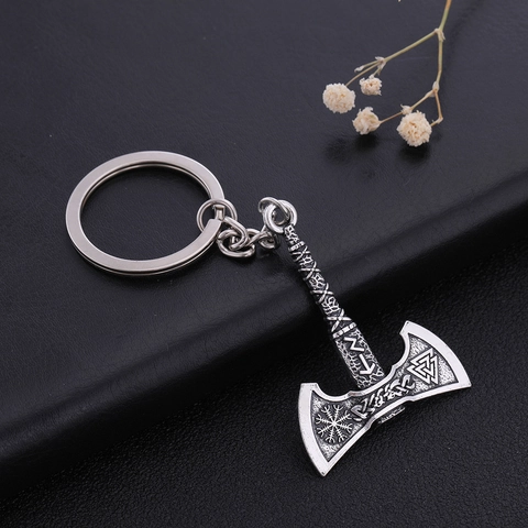 Portachiavi con Ciondolo a Doppia Ascia Vichinga Nordica da Uomo in Lega Argento Antico Rune Valknut Guerriero Ascia da Battaglia Gioielli Regalo