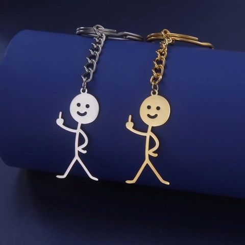 Grappige Doodle Stokfiguur Roestvrij Staal Sleutelhanger Creatief Lachend Gezicht Middelvinger Gebaar Sleutelring Tas Hanger