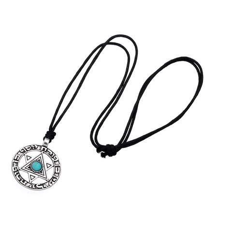 Vintage Stainless Steel Star of David Pendant Necklace For Women Men Hebrew Rune Antique Silver Turquoise Inlaid Religious Jewelry